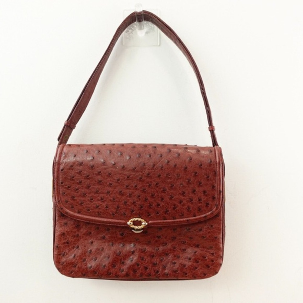 Vintage Ostrich Burgundy Shoulder Bag Italian Leather Flap Purse YUKIKO KIMIJIMA